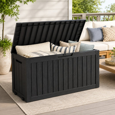 85 Gallon Outdoor Deck Box with Seat, Lockable Waterproof Resin Storage Box