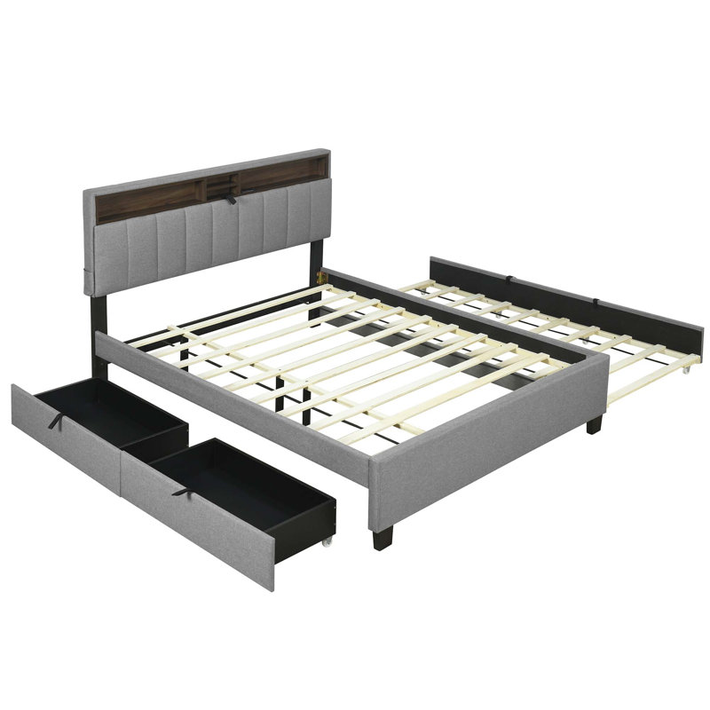 Lit plateforme tapissier avec tête de lit avec rangement, lit gigogne simple TG, 2 tiroirs et ensemble de prises et ports USB, tissu en lin