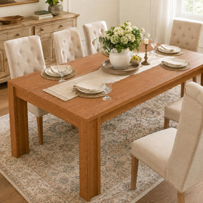 63" Farmhouse Dining Table, Seats 6-8, Rectangular Kitchen Table H-Legs & Wood Strip Base, Cherry