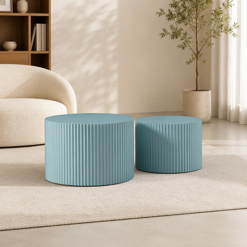Ensemble de 2 tables gigognes en MDF, table basse ronde artisanale pour salon/espace détente, bleue, Bleu clair