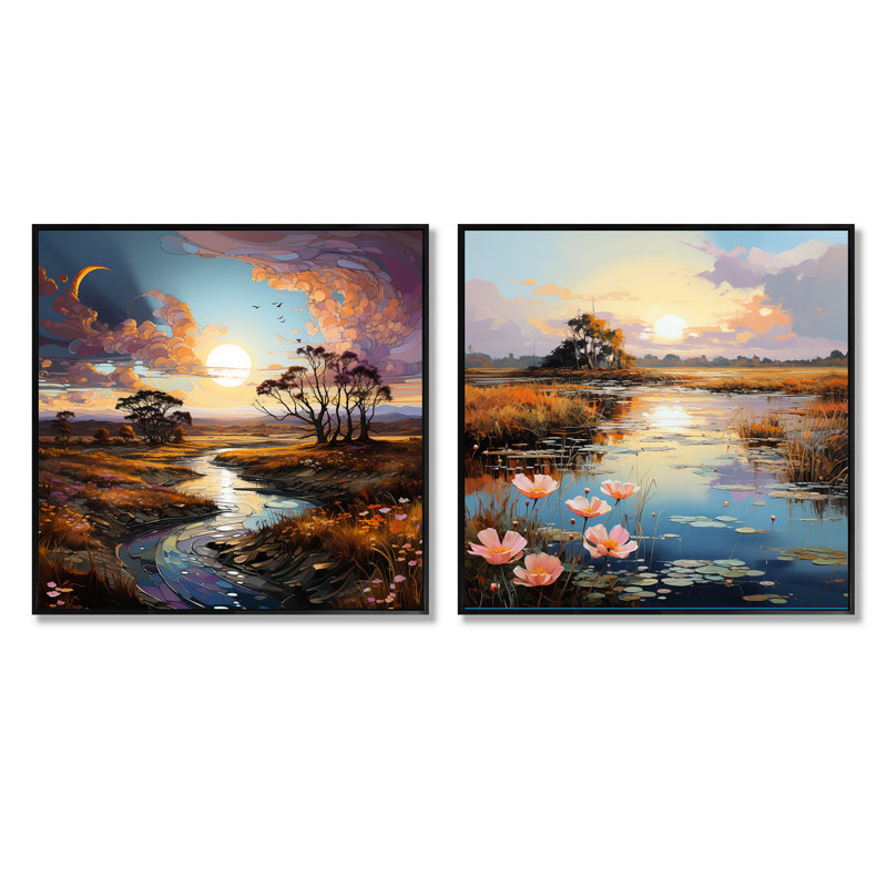 Prayies Charm Sunset Infinite Serenity, Cadre flottant noir, H 16 po x l 33 po