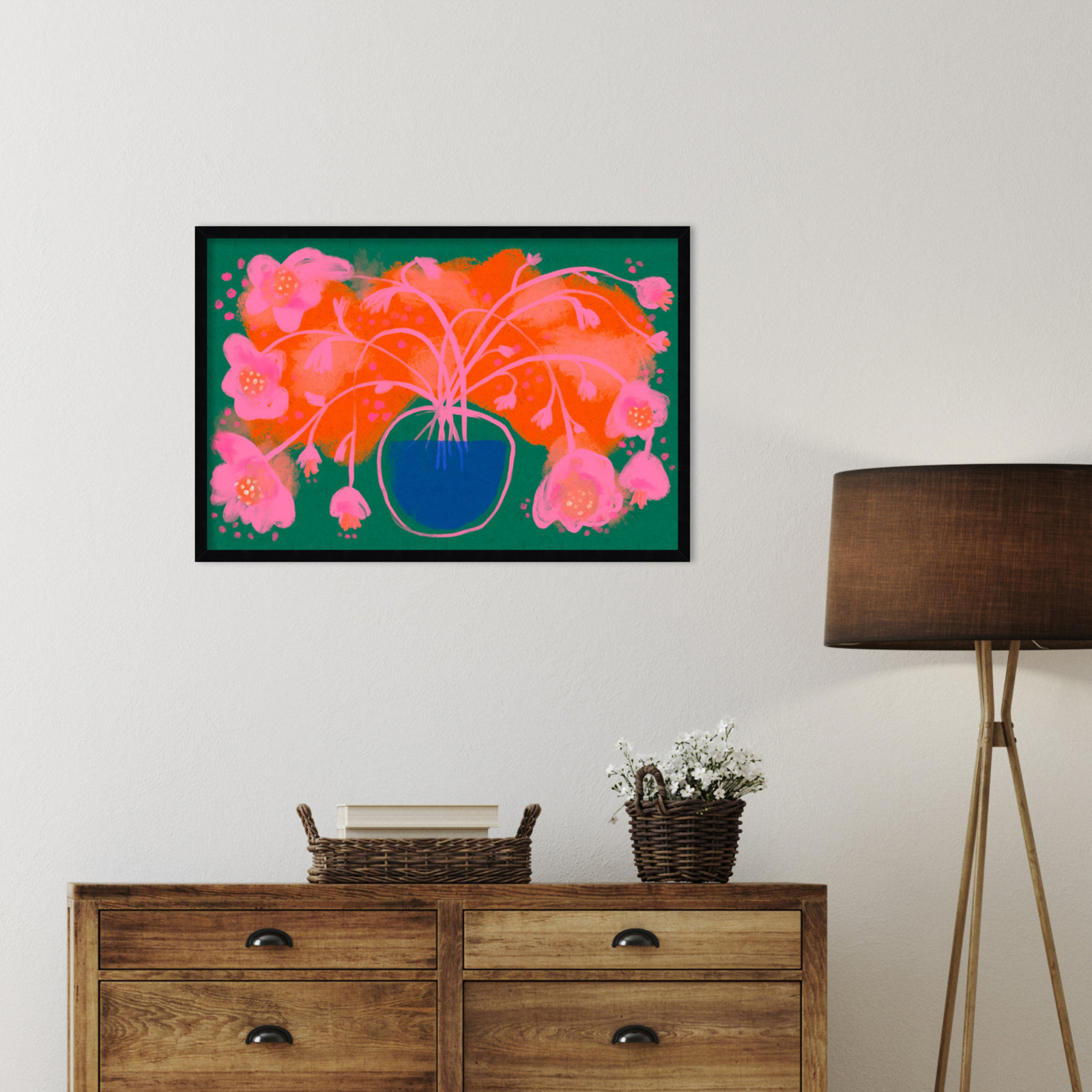 Galya "Pink Flower Bouquet" Print, Black, 23" H x 33" W