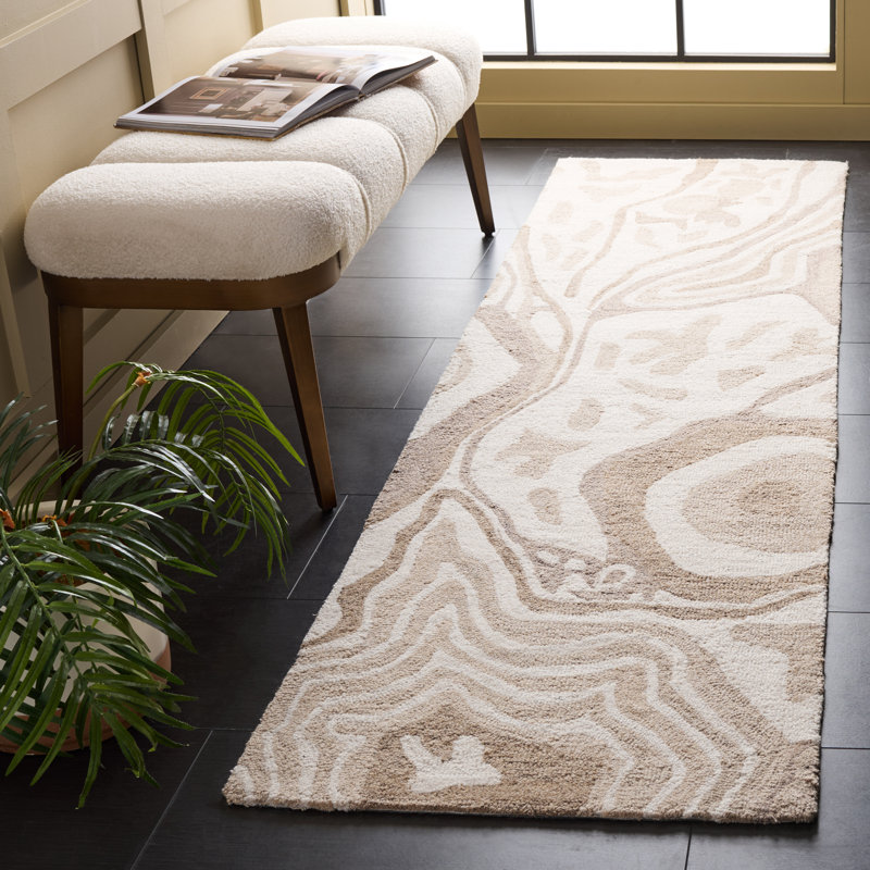 Tapis beige / ivoire en laine / coton touffeté à la main Ebony 779, Tapis de couloir 2 pi 3 po x 8 pi