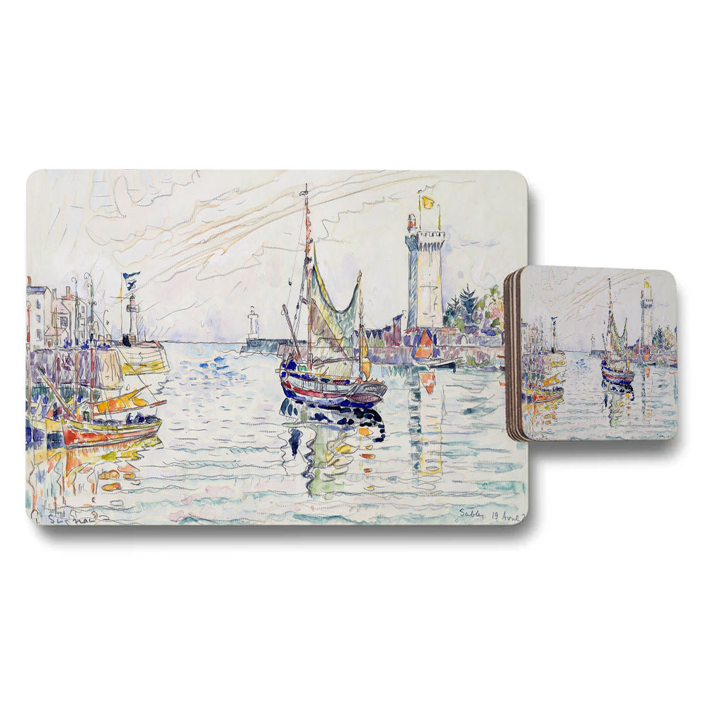 Harbor Boat Scene Placemat And Coaster Set Watercolor Artwork