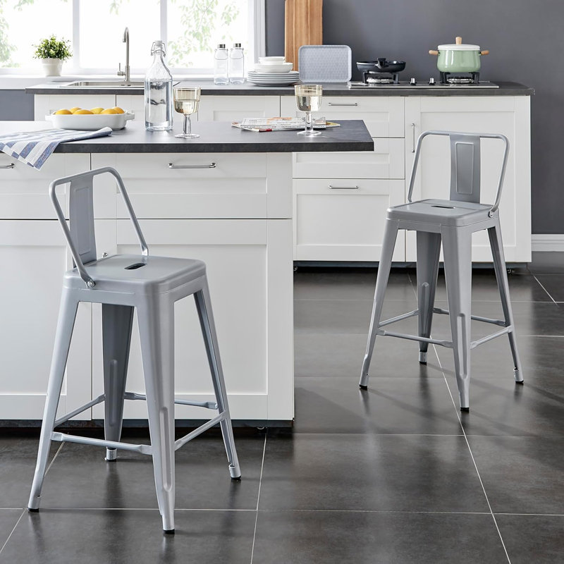 Modern Light Weight Industrial Contemporary Rustic Vintage Costal Metal Barstools With Bucket Back And 4 Leg Design, Seat Bar Stools (Set Of 2) (24" Seat, Distressed White)