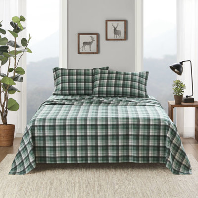 4 Pcs Twin Sheet Plaid 100% Cotton Flannel Brushed Both Sides For Softness And Sophistication Fitted Elasticized - With Flat Pillowcases Soft Supple Fully Machine Washable