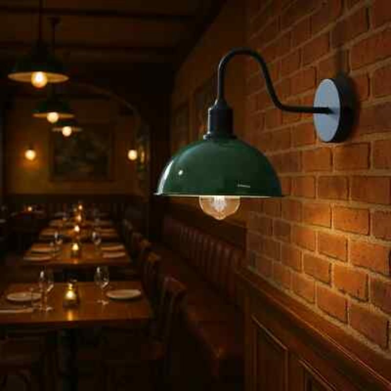 Modern Industrial Vintage Dome Wall Sconce – Fixed Curved Arm Metal Light for Bedroom, Hallway, Living Room, and Office., Yes