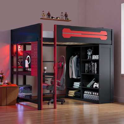 Modern Full Loft Bed With Lighted Desk, Power Outlet And Storage Open Wardrobe, Shelves