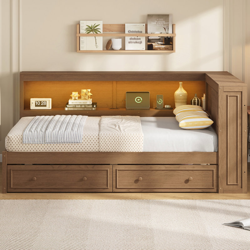 Wood Daybed With Storage Shelves, USB, LED, And 2 Drawers, Wood