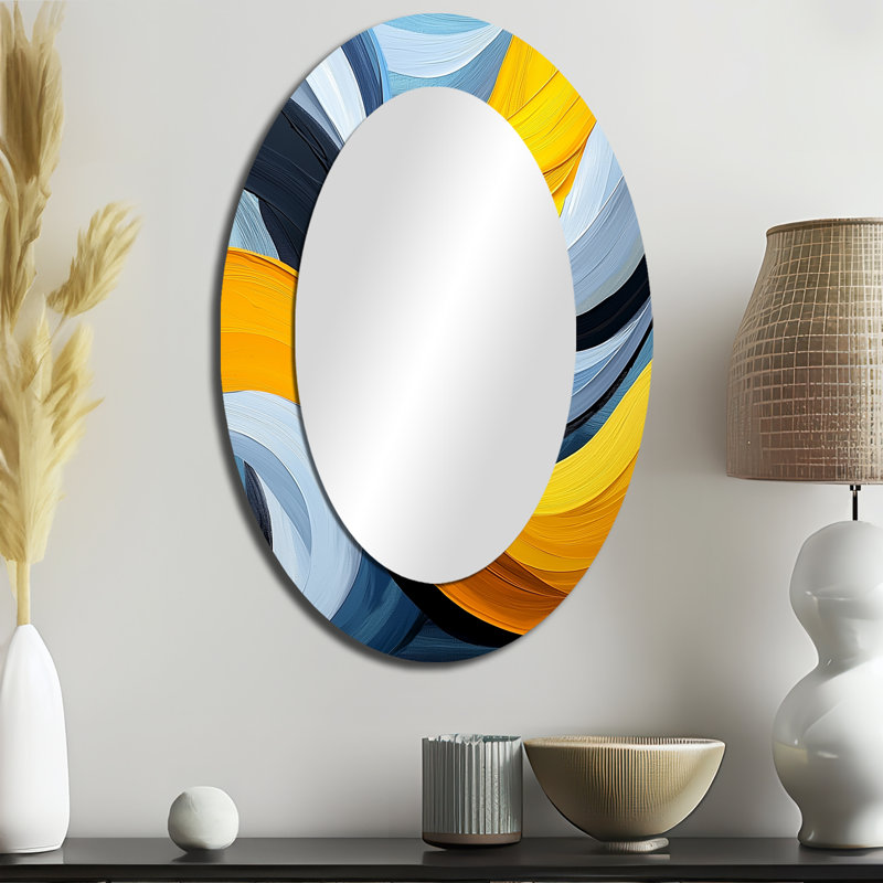 Bleu et jaune, lignes de vapeur océaniques I - Miroir décoratif ovale abstrait sur métal, 36 po x 24 po