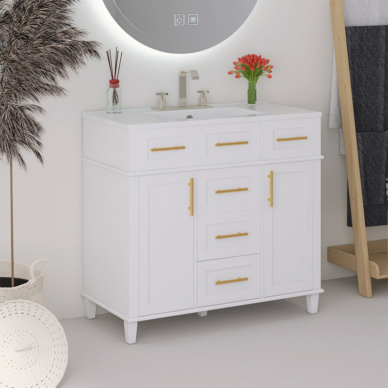 Meuble-lavabo sur pied 36 po blanc avec rangement polyvalent