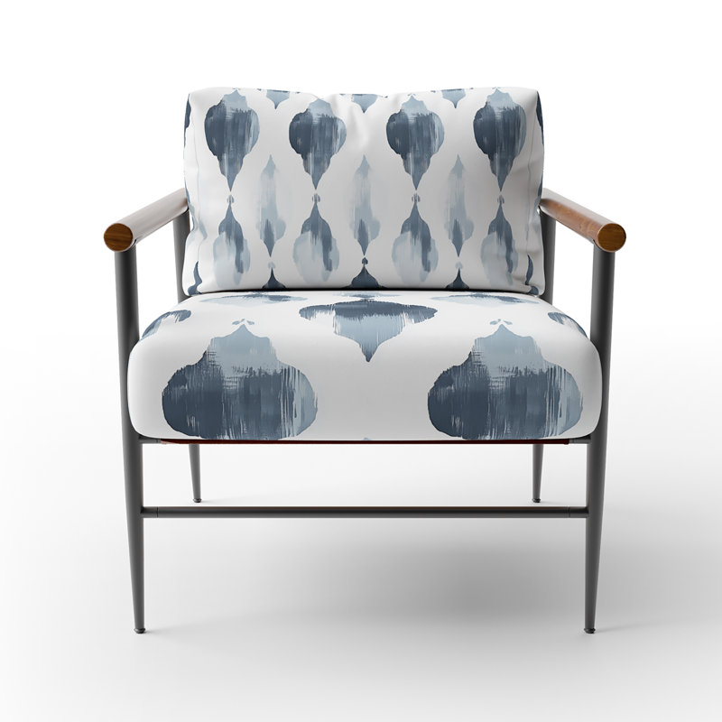 Chaise rembourrée moderne avec accoudoirs gris et blanc Ikat, Bras ronds bruns