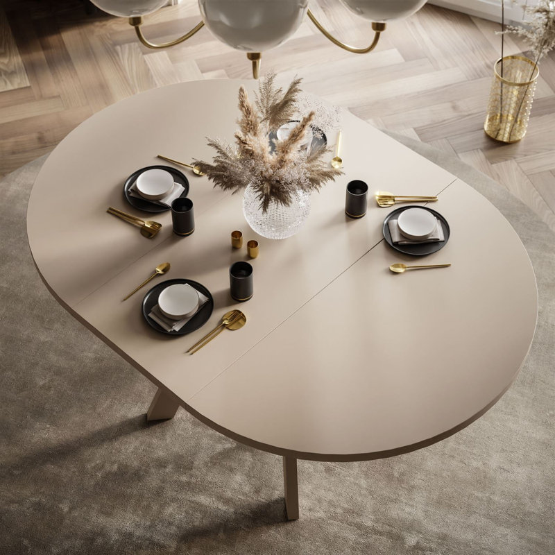 Extendable Round Metal Base Dining Table, Cashmere, Cashmere