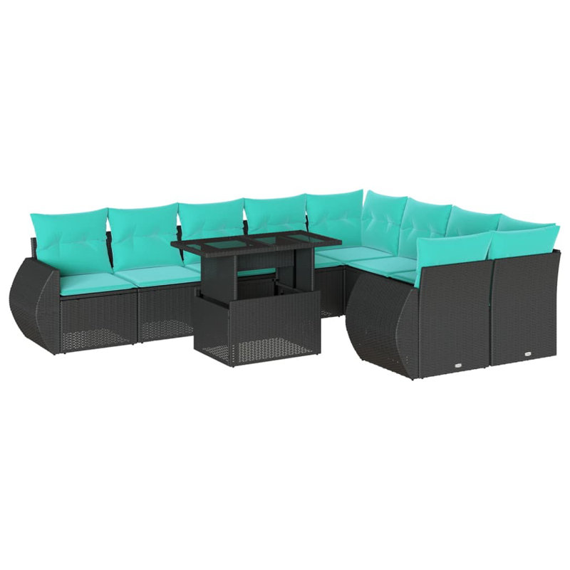 Ensemble de canapé de patio 10 pièces avec coussins en rotin de polyester, Bleu clair, Noir