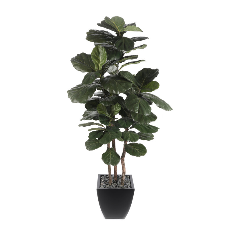 Faux Fiddle Leaf Fig Tree in Planter, Black Metal Planter