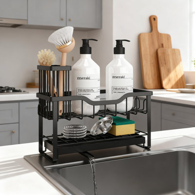 2-Tier Expandable Kitchen Sink Sponge Holder With High Brush Storage, Non-Slip Base And Removable Drip Tray For Countertop Organization