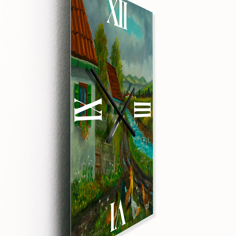 Horloge murale trois poulets et un coq dans un pré avec fleurs, Grand