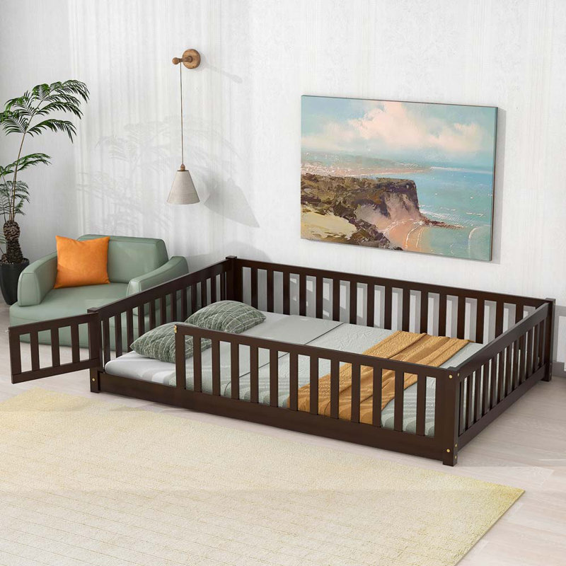 Finka Kids Floor Platforms Bed With Fence and Door, Full, Espresso