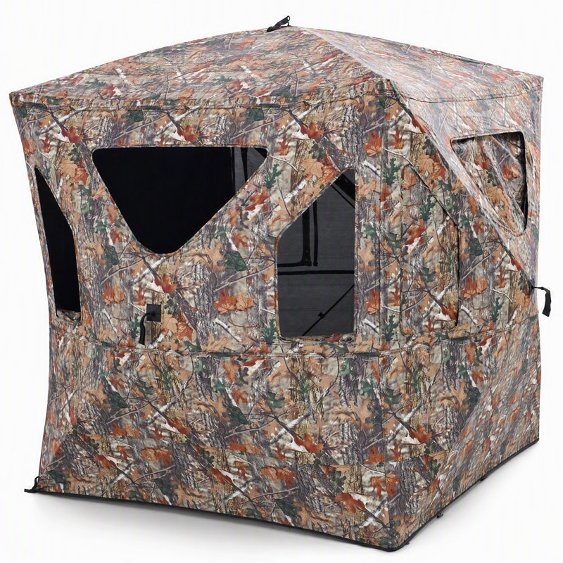 3–4 Person Pop-Up Hunting Blind Tent with 360° See-Through Panels, Camo Ground Blind with Corner Door, Portable Hunting Shelter
