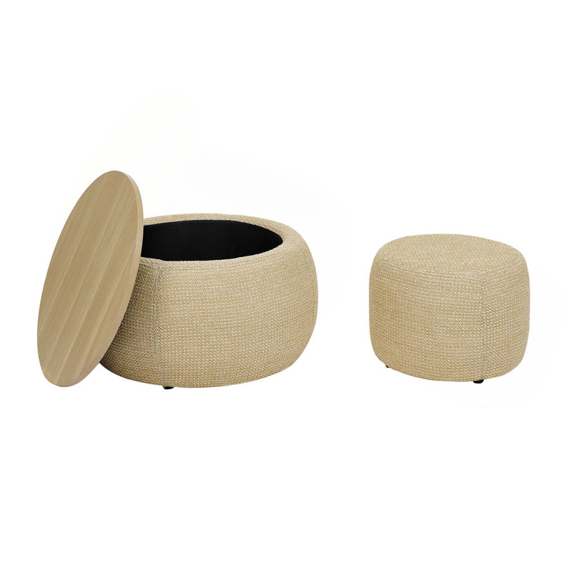 Round Storage Ottoman,Woven Rattan Fabric Ottoman,2 In 1 Function,Work As End Table And Ottoman,With Small Seat-Nature