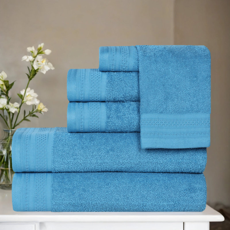 Ensemble de 6 serviettes en coton texturé à bordure gaufrée, poids moyen, Azur