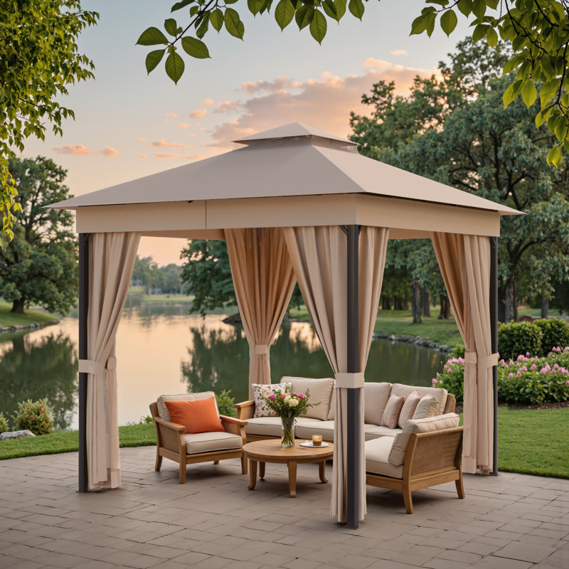 8 Ft. W x 8 Ft. D Soft Top Steel Patio Gazebo with 2-Tier Canopy and Zippered Mesh Netting for Outdoor, Patio, Garden, and Backyard Activities