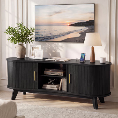 Modern Wooden TV Stand with Slatted Sliding Doors