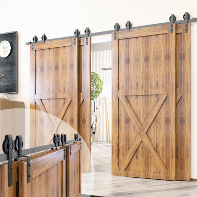 Homacer Black Rustic Single Track Bypass Sliding Barn Door Hardware Kit, For Four Doors, 6Ft Long Flat Track, Spoke Wheel Design Roller(2 Flat+ 2 Bent Roller Set)
