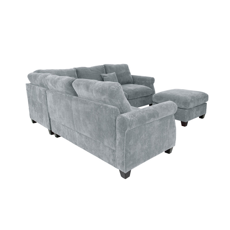 4Pc Sectional Set Matching Pillow Cocktail Ottoman Corner Wedge Right And Left Arm Loveseat Corduroy Upholstered Primary Living Room