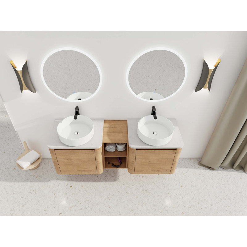 Meuble-lavabo mural 60 po avec lavabo d'art en céramique et 1 tablette de rangement, porte à fermeture en douceur