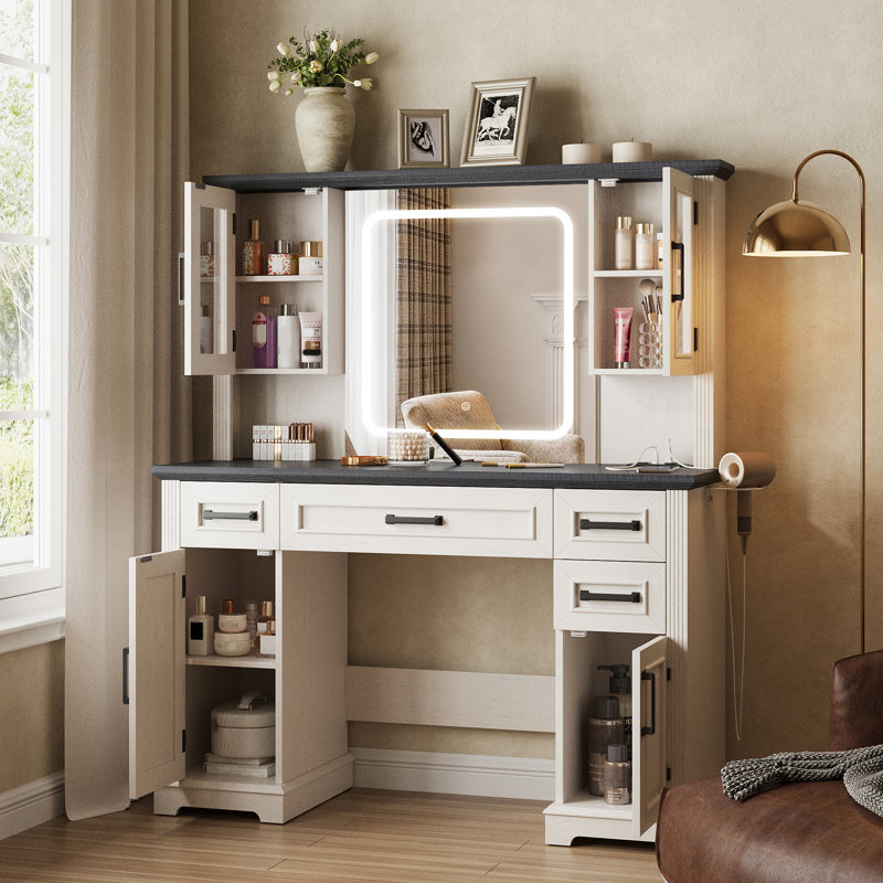 Bureau de coiffeuse Farmhouse avec miroir et lumières, Noir / blanc