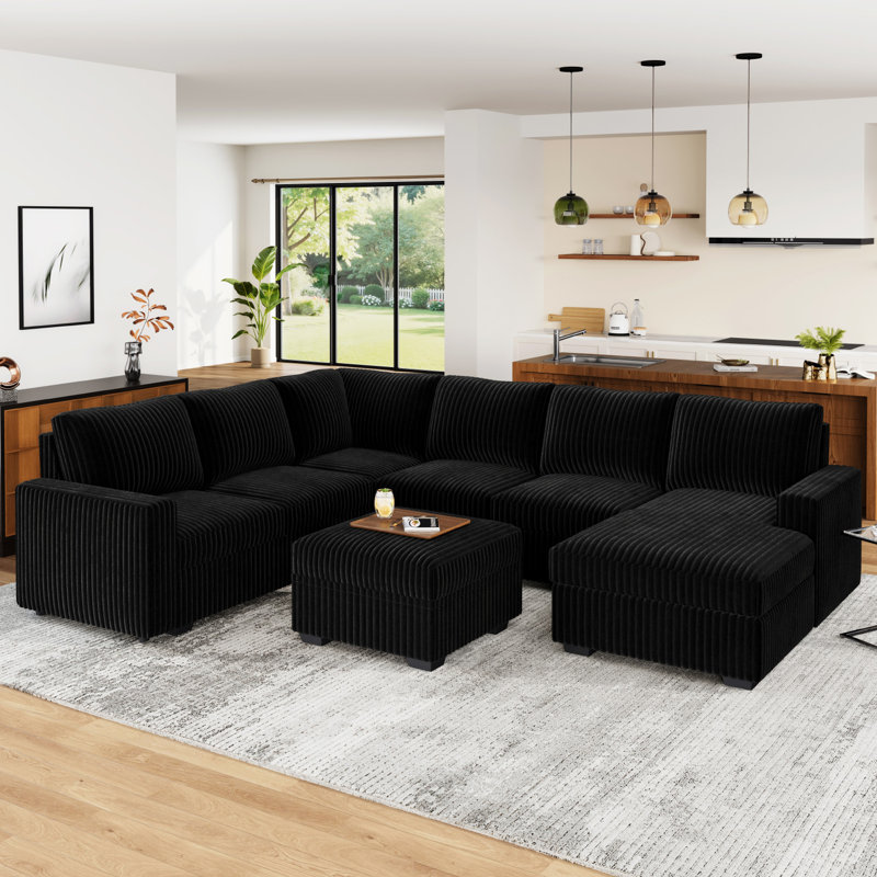 Brunella U-shaped Modular Sleeper Sectional Corduroy Sofa Bed With Storage Space, Black Corduroy