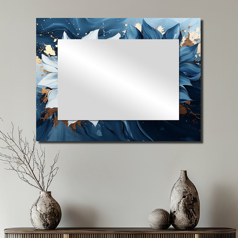 Abstract Aqua Midnight Sunflowers Beauty I - Floral Mirror Wall Decor - Printed On Metal, 24" x 32"