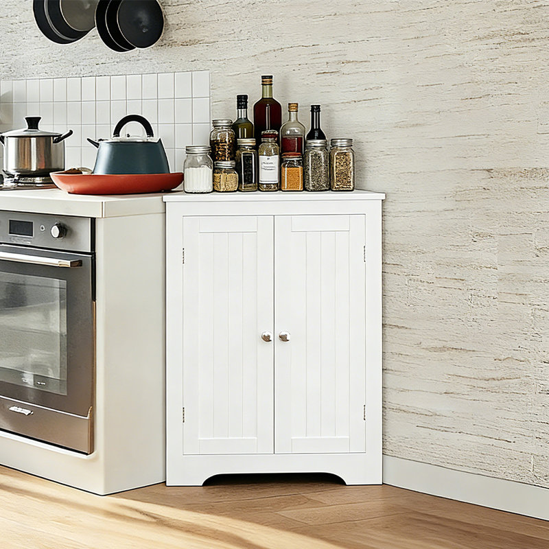 White Freestanding Corner Storage Cabinet With 2 Doors Adjustable Shelves For Bathroom Kitchen Living Room Bedroom Home Organizer