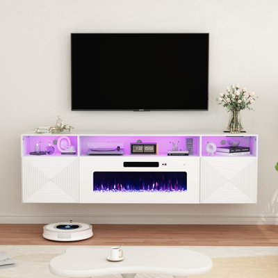 71" Floating TV Stand With 36" Electric Fireplace For Tvs UP To 80", Wall Mounted Entertainment Center With Power Outlets For Small Spaces, Floating Media Console With Storage Space, White