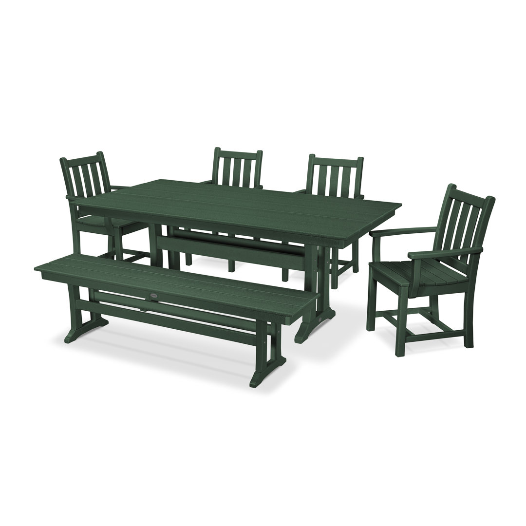 Traditional Garden Arm Chair 6-Piece Farmhouse Dining Set with Trestle Legs and Bench POLYWOOD® 