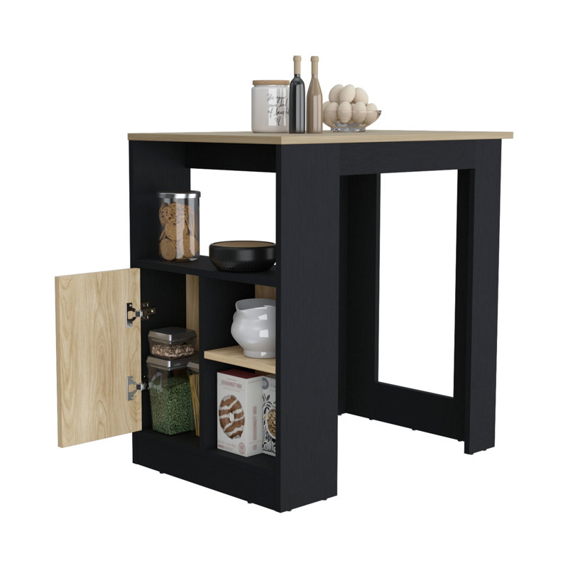 Black & Natural Oak Kitchen Island With 1-Door Storage Cabinet And Side Shelves Handy