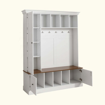 62.2''W Farmhouse Hall Tree with Shoe Storage Bench, Entryway Coat Rack with 5 Hooks, Adjustable Shelf Cabinet with Drawers for Hallway, Entryway, Liv