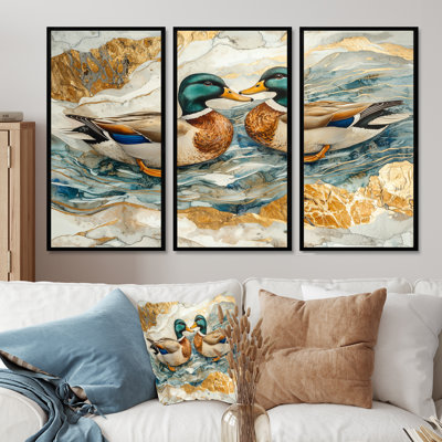 «Ducks Love The Lake Landscape II», ensemble d'art mural pour salon - ensemble de 3
