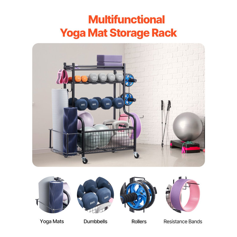 Yoga Mat Storage Rack, Powder Coated Finish Steel Yoga Mat Holder, Home Gym Workout Equipment Organizer With Hooks And Wheels, Weight Rack For Foam Roller, Dumbbell, Kettlebell, And Yoga Strap