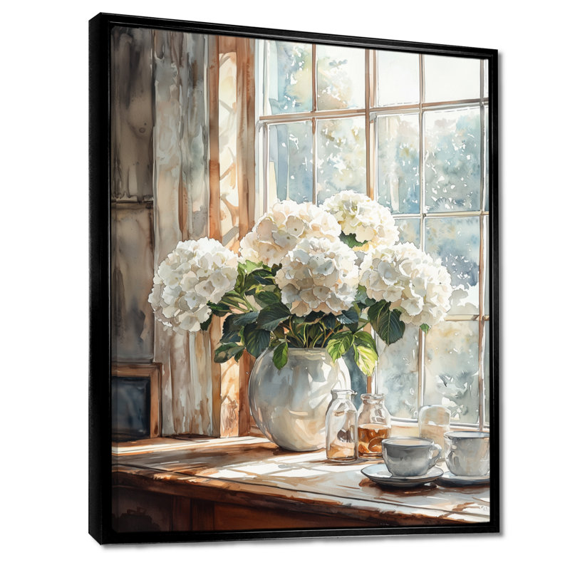 Engle hortensias dans le coin-repas II - hydrangées, art mural, Noir, Reproduction avec cadre flottant, H 20 po x l 12 po