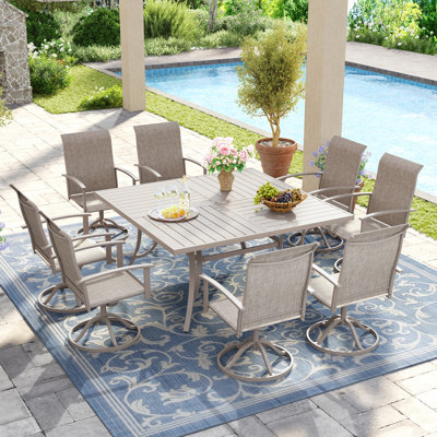 8-Person Square Patio Dining Set With Swivel PVC-coated polyester Chairs