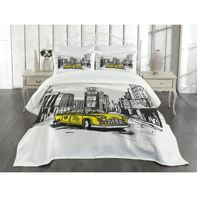 Ambesonne Sketchy Bedspread Set Cab in New York City Black Taupe Yellow -  bed_29775_king