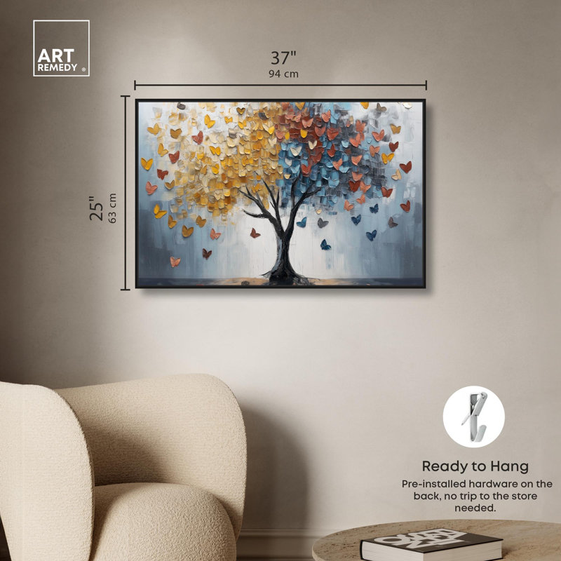 Butterfly Dream Tree I Canvas Colorful Tree Art by Art Remedy, Black Floater Framed, 25" H x 37" W x 1.8" D