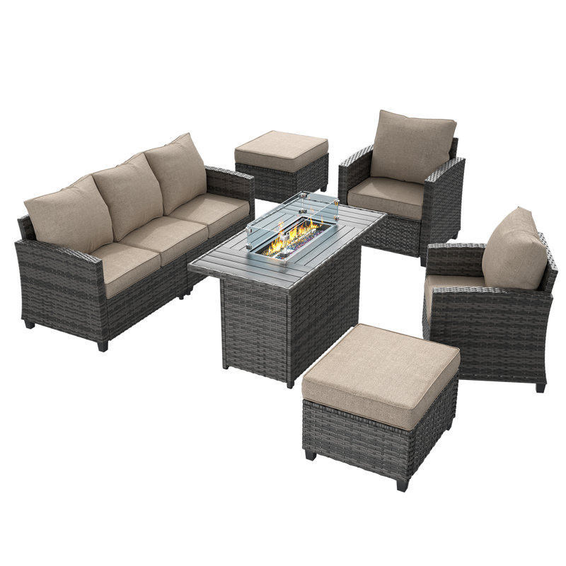Rikuto Wicker 5 - Person Patio Conversation Set with Cushions, Gray Frame/Beige Cushion