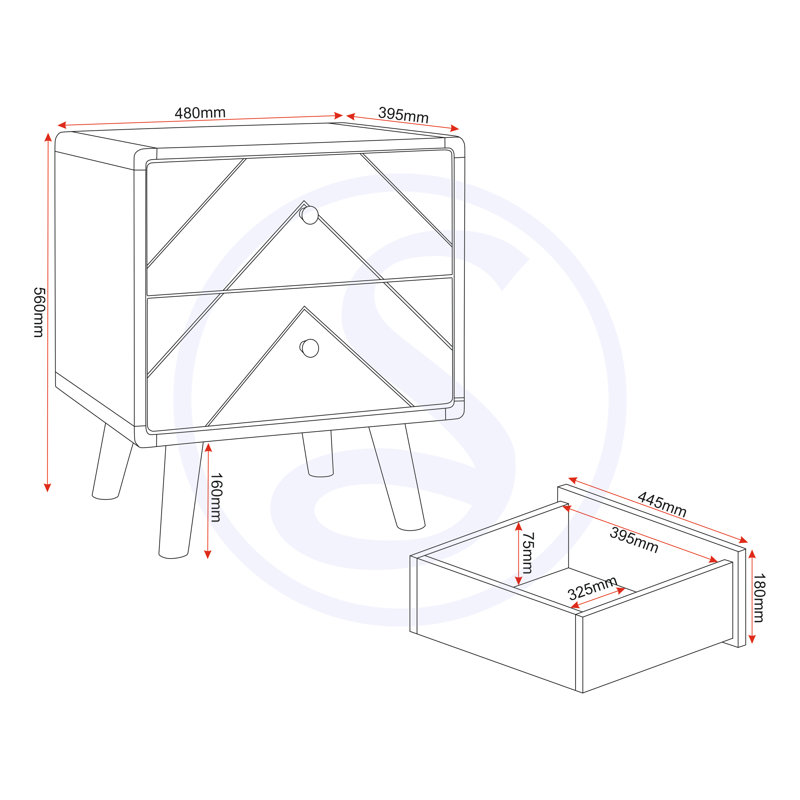 Sabine 2 Drawer Bedside Table