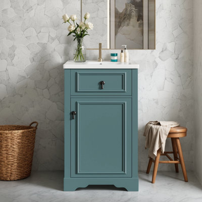 This Bathroom Vanity Is Perfect For Small Bathrooms And Features A Ceramic Sink, Soft-Close Doors, Adjustable Shelves And Over-Door Storage To Suit Your Needs.