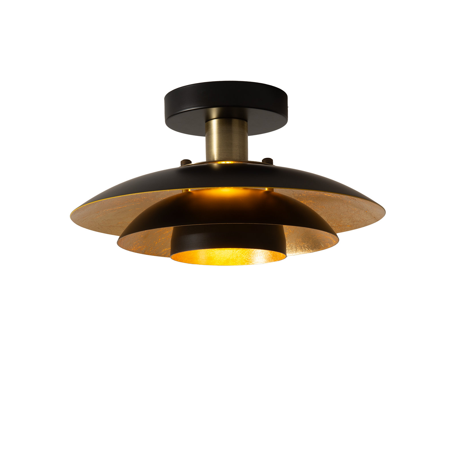 Rancho Mirage Flush Mount Ceiling Light - Matte Black & Gold-Leaf Shade, Weathered Brass