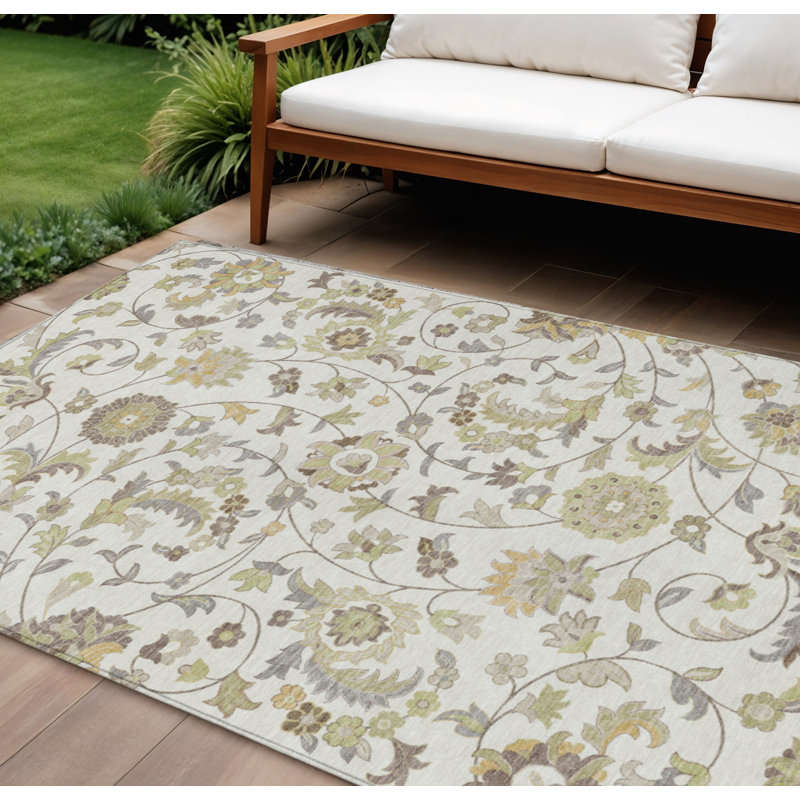 Tapis intérieur lavable floral 9 pi x 12 pi ivoire brun et vert