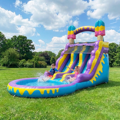 Toboggan aquatique gonflable double voie POP JUMP Ice Pop de 7,3 m avec piscine, glissade de jardin utilisable aussi bien dans l'eau que sur la terre ferme, avec souffleur d'air